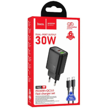 CARICABATTERIA USB-A + USB-C HOCO N63 + CAVO TYPE-C TYPE-C PD QC 30W NERO