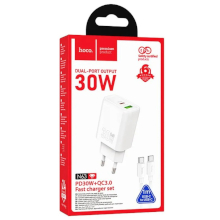 CARICABATTERIA USB-A + USB-C HOCO N63 + CAVO TYPE-C TYPE-C PD QC 30W BIANCO