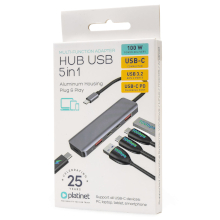 HUB USB-C 5 IN 1 2X USB-A 3.2 + 2X USB-C 3.2 + USB-C PD 100W IN ALLUMINIO
